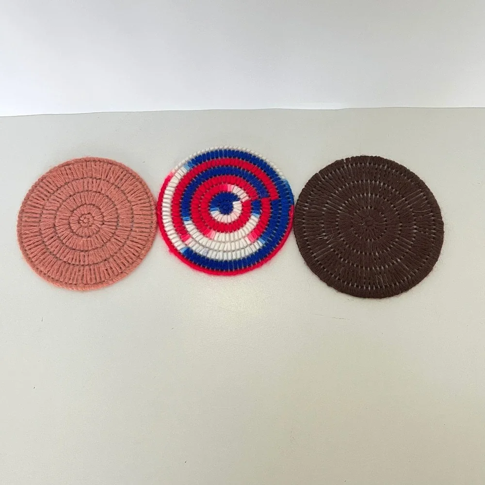 Vintage Handmade Yarn Coasters Set of 3 Woven Boho Pink Brown Red White Blue
